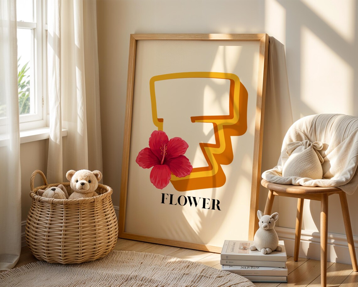 Letter F Hibiscus Flower Alphabet Nursery Poster For Kids Decor