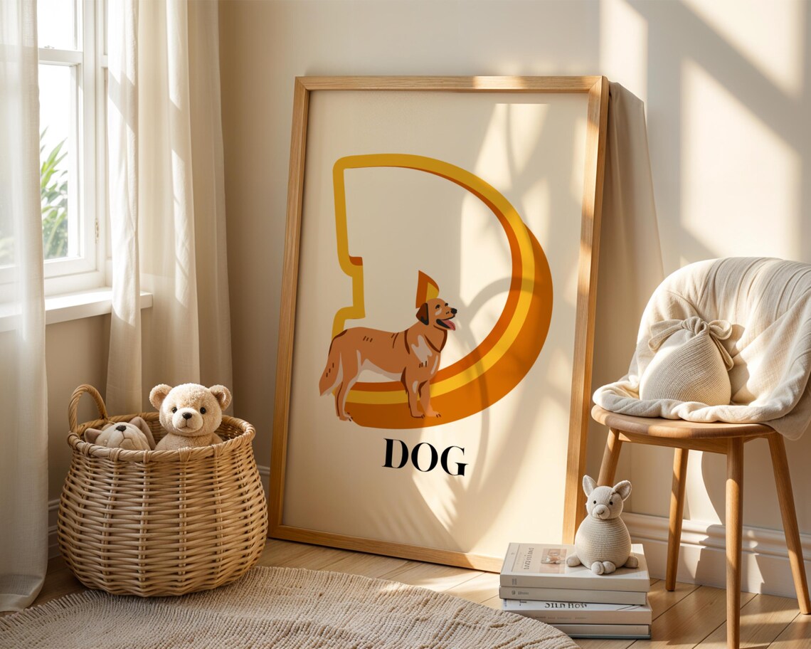 Cheerful Letter D Happy Dog Alphabet Nursery Poster For Kids Room Decor