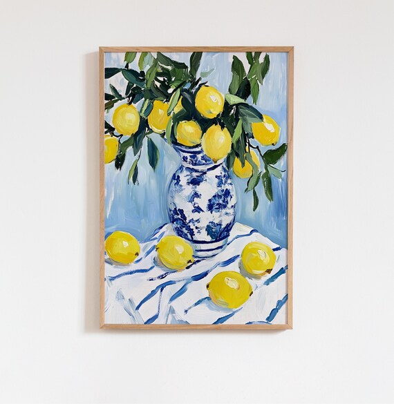 Lemons in Blue Porcelain Vase Still Life Kitchen Wall Poster
