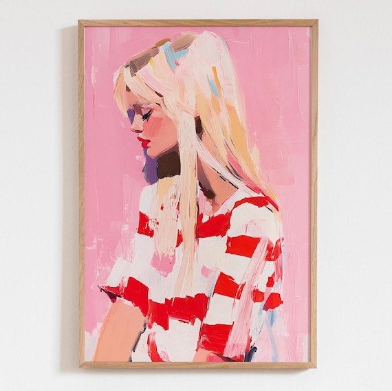 Pink Red Preppy Abstract Blonde Girl Wall Art Stripe Theme Print College Apartment Artwork Girly Decor