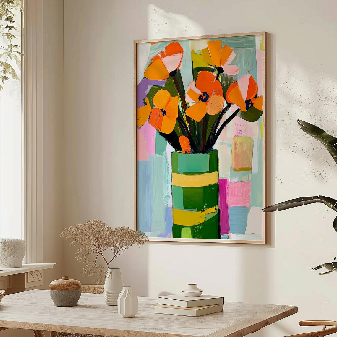 Orange and Pink Flowers in Green Vase Abstract Painting Poster