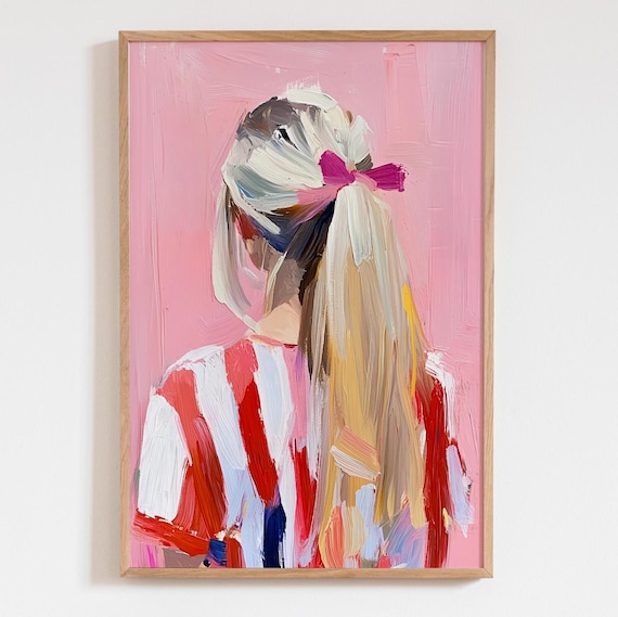 Blond Girl With Pink Bow Preppy Abstract Figure Painting Poster