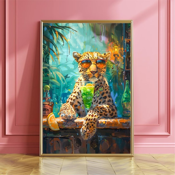 Leopard With Sunglasses Drinking Green Cocktail at Bar Poster