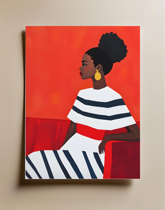 Red Abstract Striped Dress Wall Art African Woman Poster Contemporary Minimalist Artwork Living Room Decor Large Print