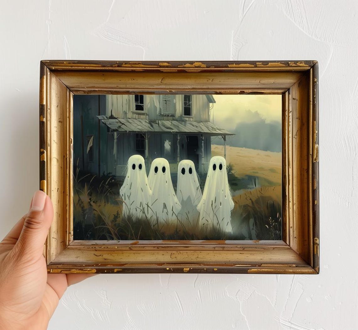 Four Cute Ghosts Before a Haunted House Spooky Halloween Poster