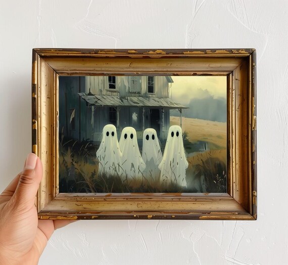 Four Cute Ghosts Before a Haunted House Spooky Halloween Poster