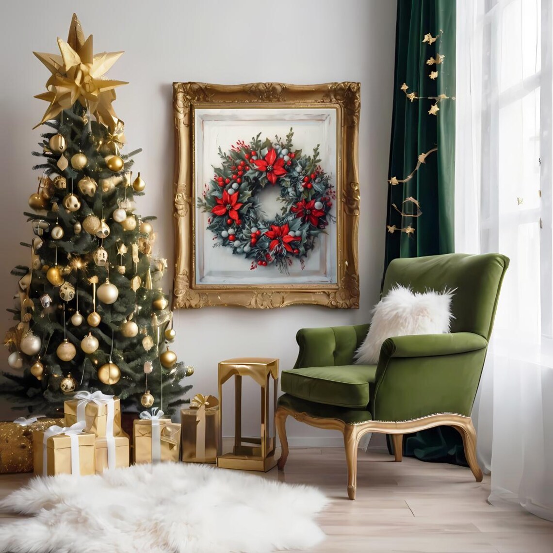Red Poinsettia Christmas Wreath Painting With Berries Holiday Poster