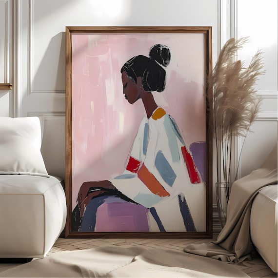 African Woman in Pink Abstract Elegant Seated Portrait Art Poster