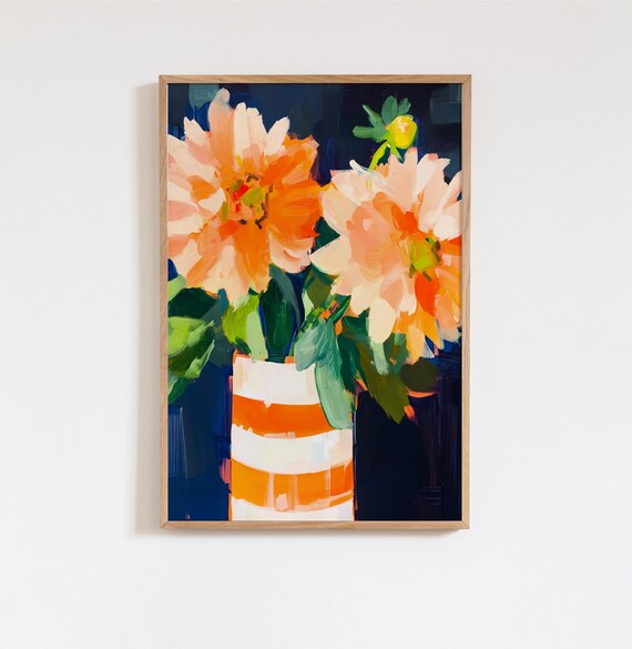 Bold Abstract Floral Painting Peach Dahlia Flowers Wall Art Striped Vase Print Minimalist Modern Pink Blue Decor