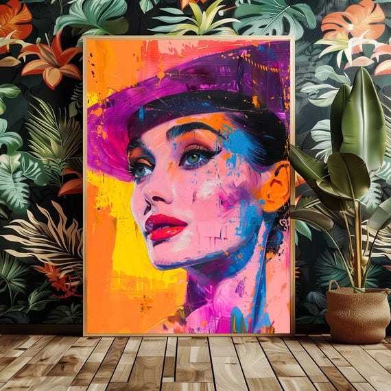 Vibrant Audrey Hepburn Acrylic Painting Printed Fashion Hollywood Icon Wall Art Print Maximalist Gallery Wall