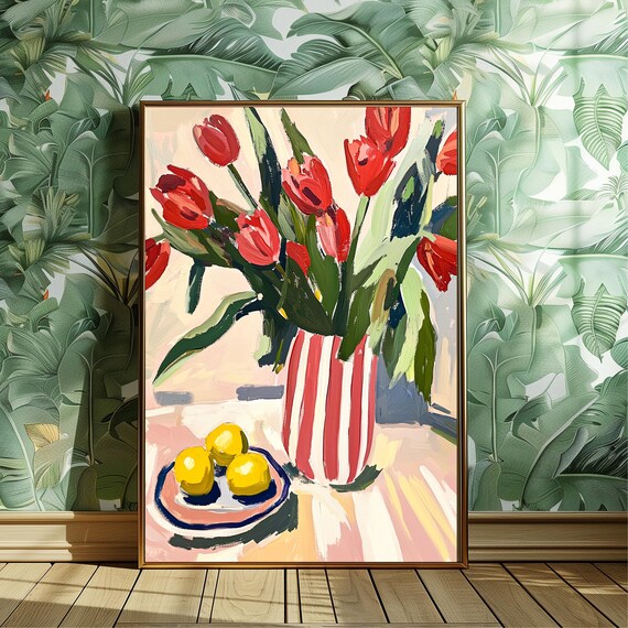 Red Tulips in Striped Vase With Lemons Floral Still Life Art Poster