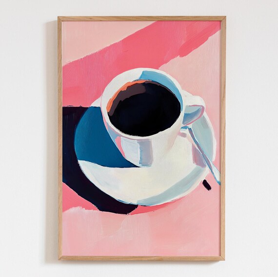 Black Coffee in White Cup on Pink Background Acrylic Still Life Poster