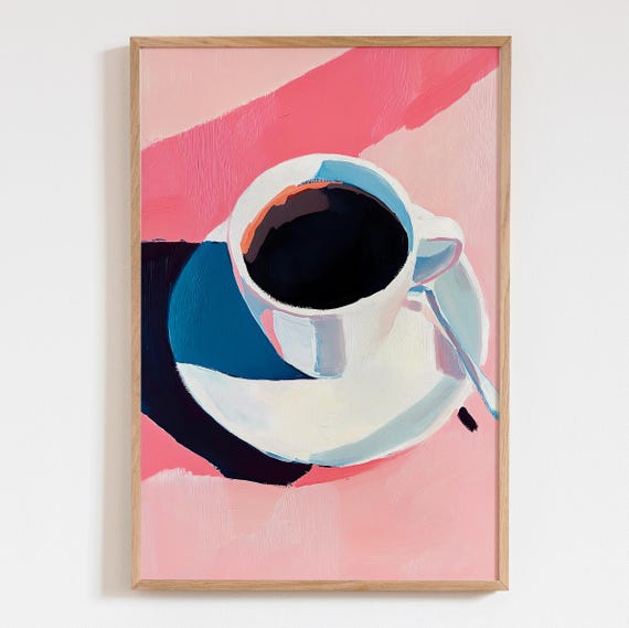White Cup Black Coffee Pink Background Art Poster Kitchen Bar Wall Restaurant Decor Lilac Acrylic Still Life Print