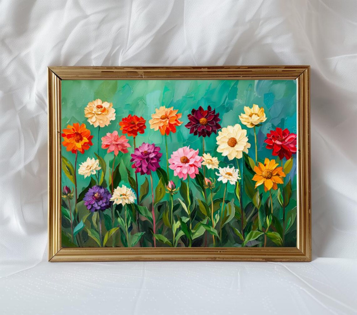 Colorful Garden Dahlias In Bloom On Teal Background Floral Poster