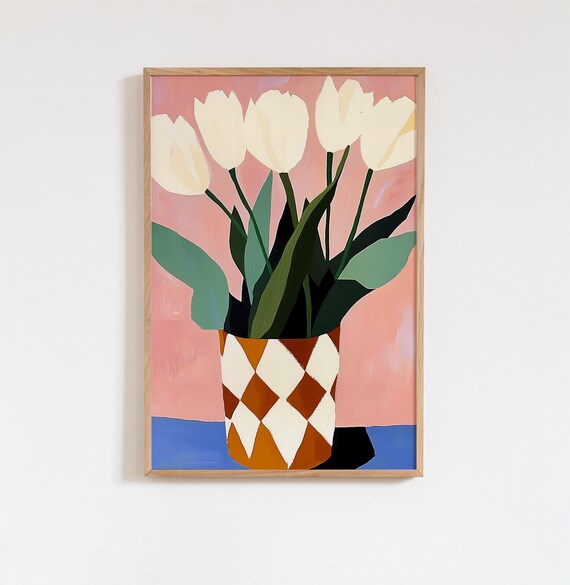 White Tulips Gouache Wall Art Bold Minimalist Floral Print Twotone Tulip Illustration Modern Geometric Botanical