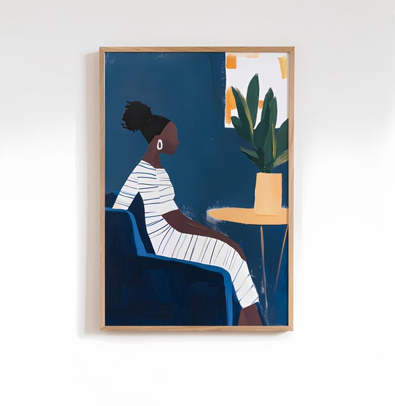 Navy Blue And White Abstract Stripe Dress Woman Art Print Moody Contemporary Wall Acrylic Poster