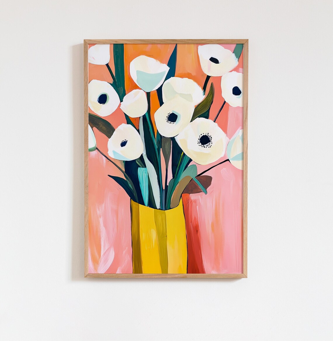 White Anemones in Yellow Vase, Matisse Style Art Print