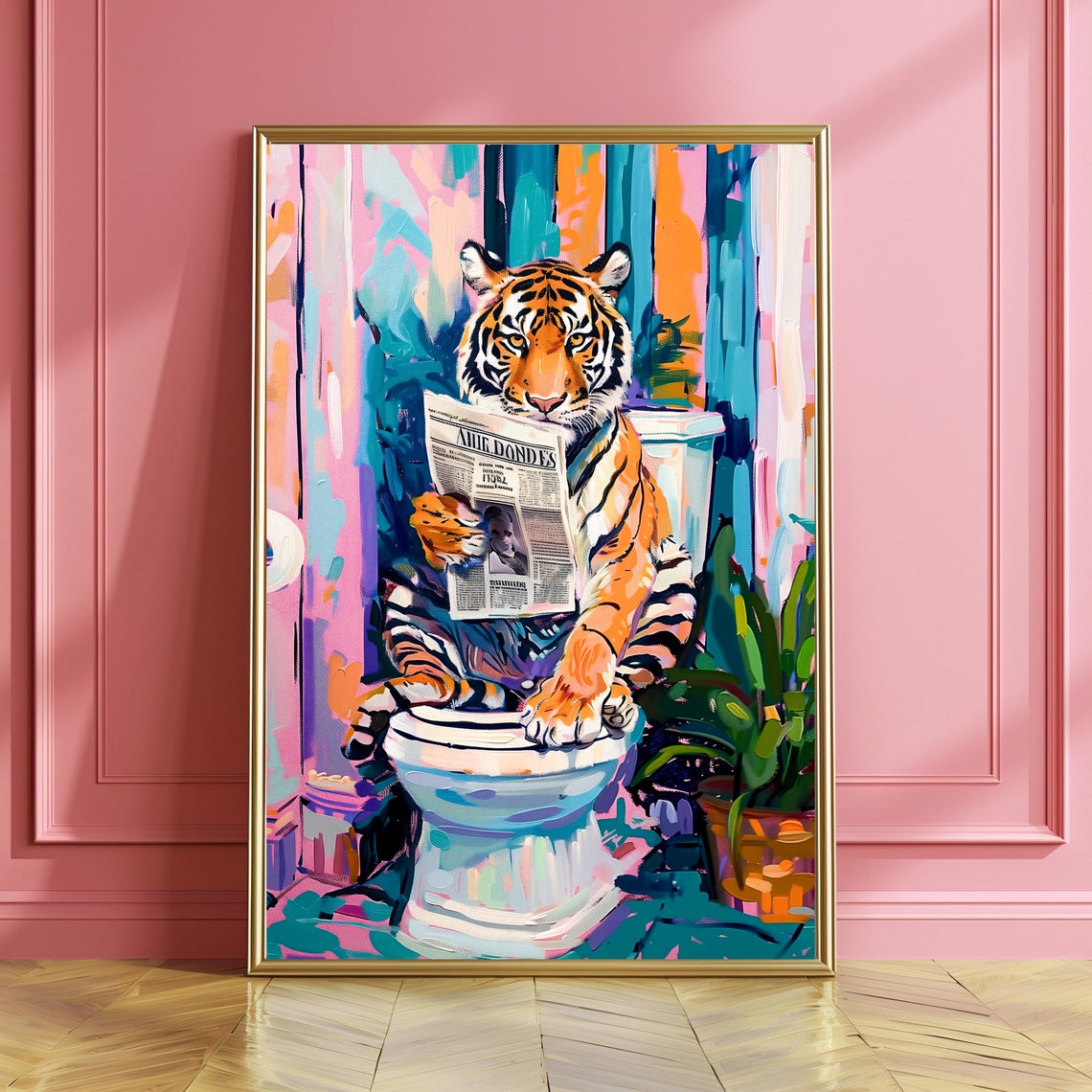 Tiger Sitting on Toilet Reading Newspaper Funny Bathroom Poster