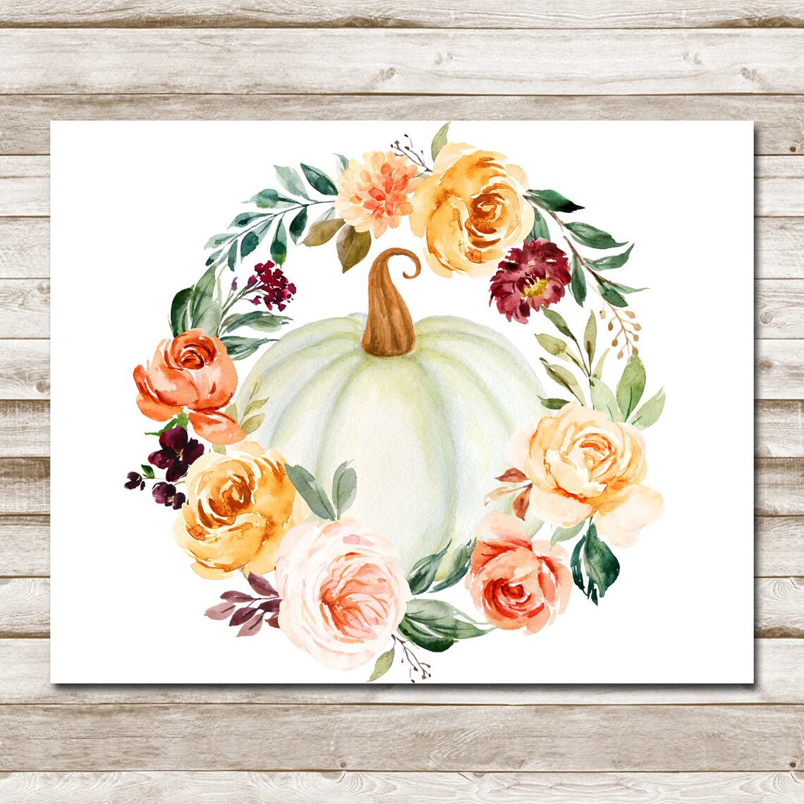 White Pumpkin Autumn Floral Wreath Watercolor Fall Art Print - Image 4