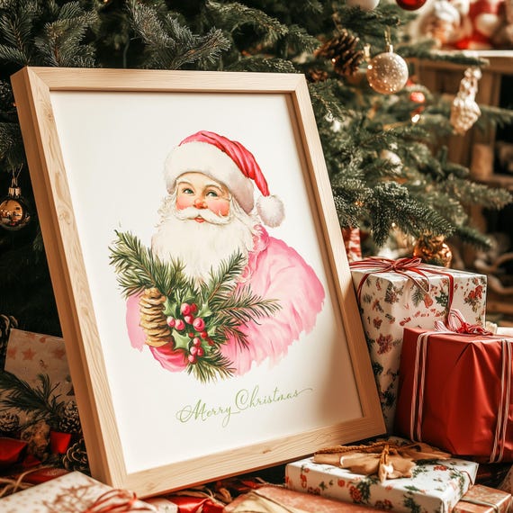 Pink Santa Print Vintage Christmas Wall Art