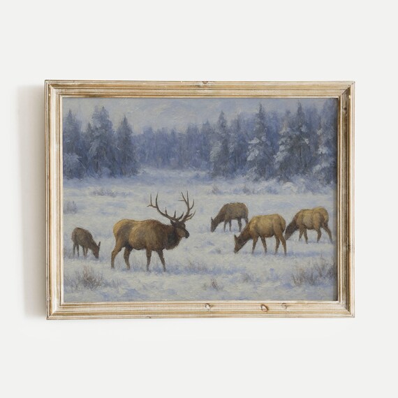 Meadow With Herd Of Elk Grazing Oil Painting Print Vintage Nature Wall Art Home Office Living Room Bedroom Decor