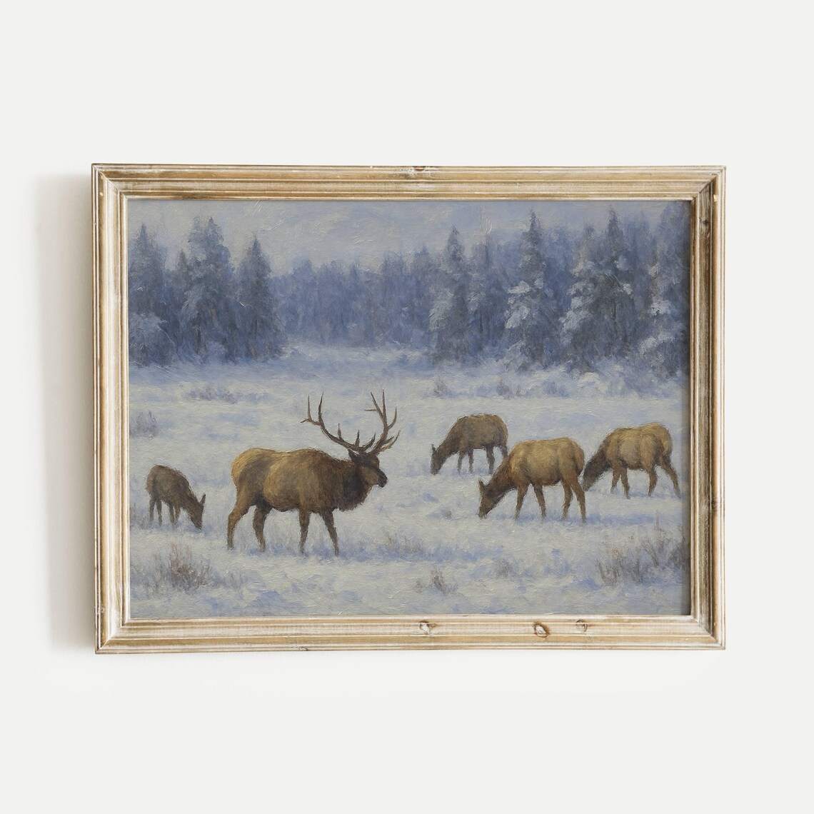 Meadow With Herd Of Elk Grazing Oil Painting Print Vintage Nature Wall Art Home Office Living Room Bedroom Decor