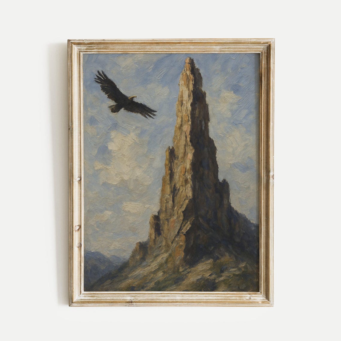 Eagle Soaring Beside a Towering Rocky Mountain Spire in Flight Poster