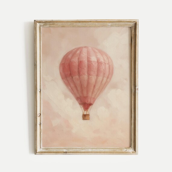 Pink Hot Air Balloon Soft Blush Sky Nursery Wall Decor Poster