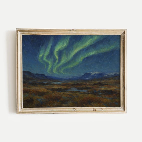 Northern Lights Aurora In The Sky Oil Painting Print Vintage Nature Wall Art Home Office Living Room Bedroom Decor