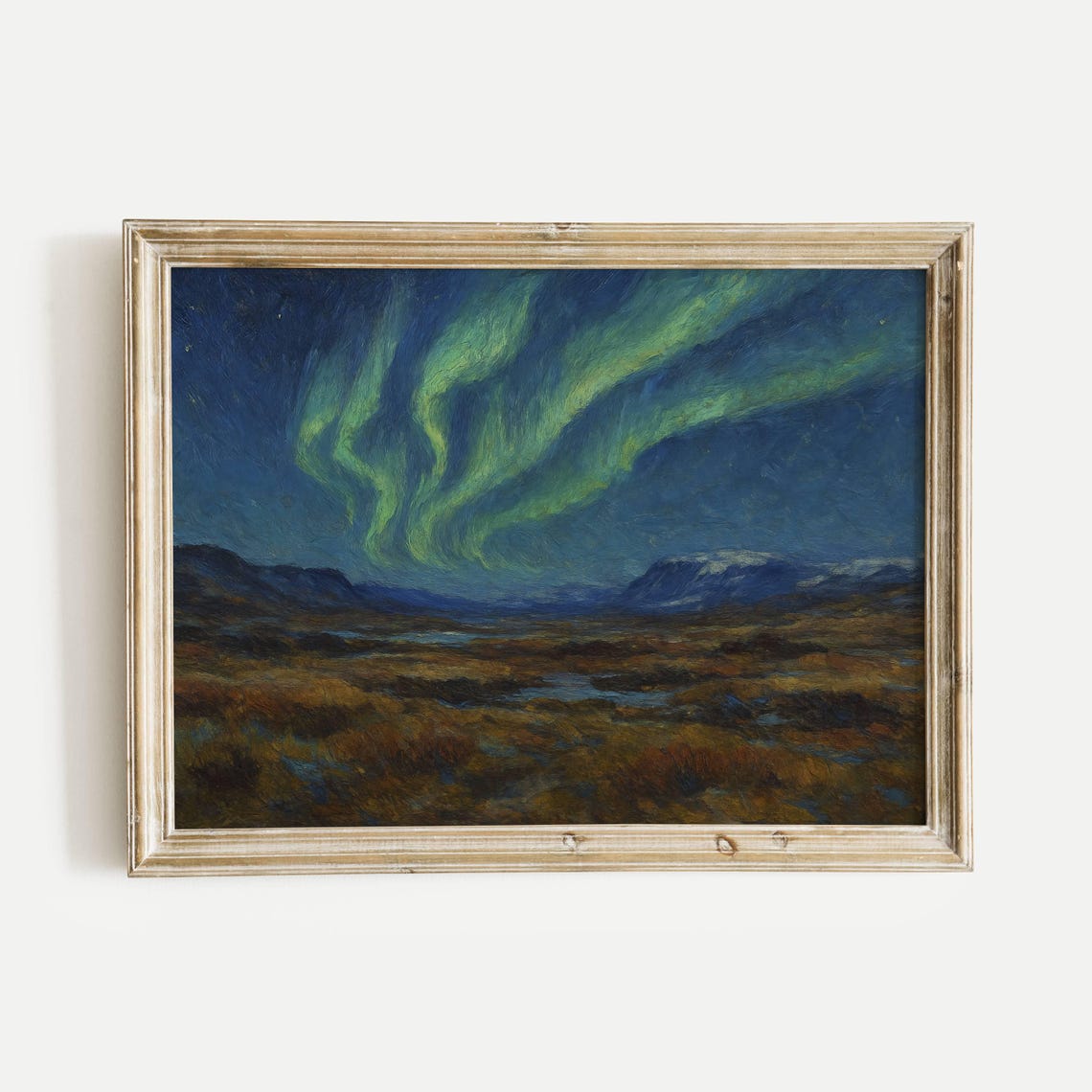 Northern Lights Aurora Over Dark Tundra Valley Night Sky Oil Poster