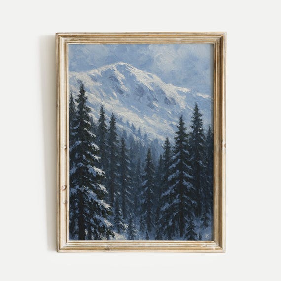 Snowy Ridge Pine Forest Oil Painting Print Nature Vintage Wall Art Home And Office Living Room Bedroom Decor