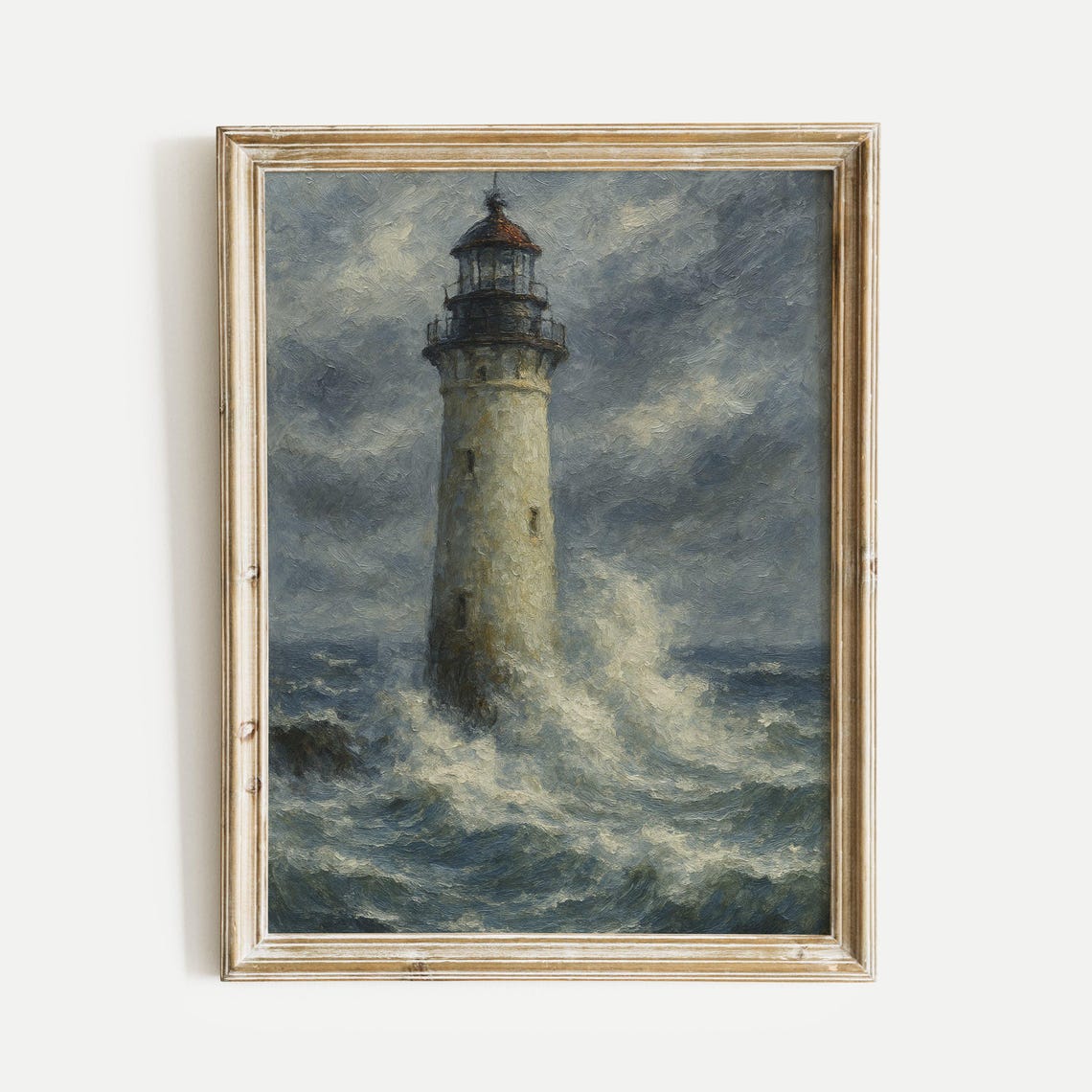 Stormy Ocean Lighthouse Tower Crashing Waves Oil Painting Poster