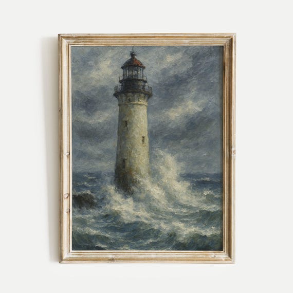 Lighthouse Ocean Waves Oil Painting Print Nature Vintage Wall Art Home And Office Living Room Bedroom Decor
