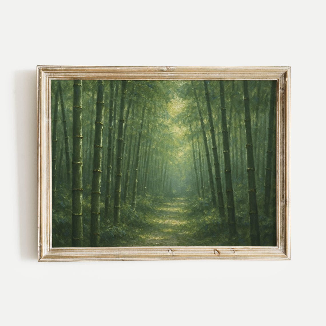 Sunlit Bamboo Forest Path Serene Green Nature Oil Painting Poster