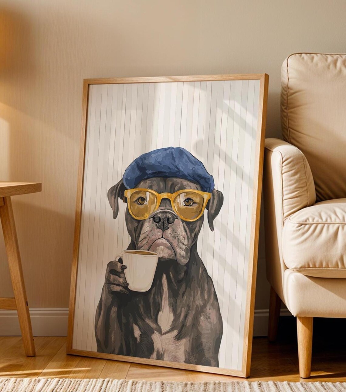 Boxer Dog in Blue Beret and Yellow Glasses Sipping Coffee Poster - Image 3
