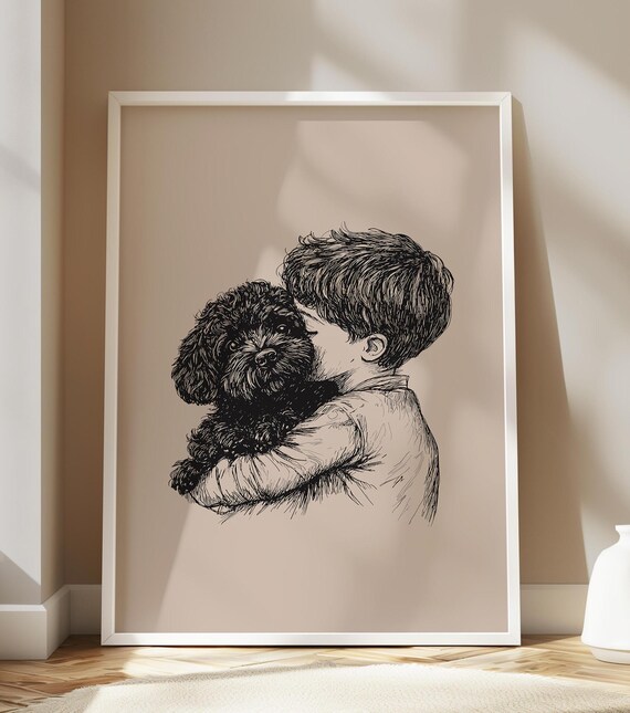 Boy Kissing Poodle Puppy Heartwarming Ink Sketch Dog Art Poster