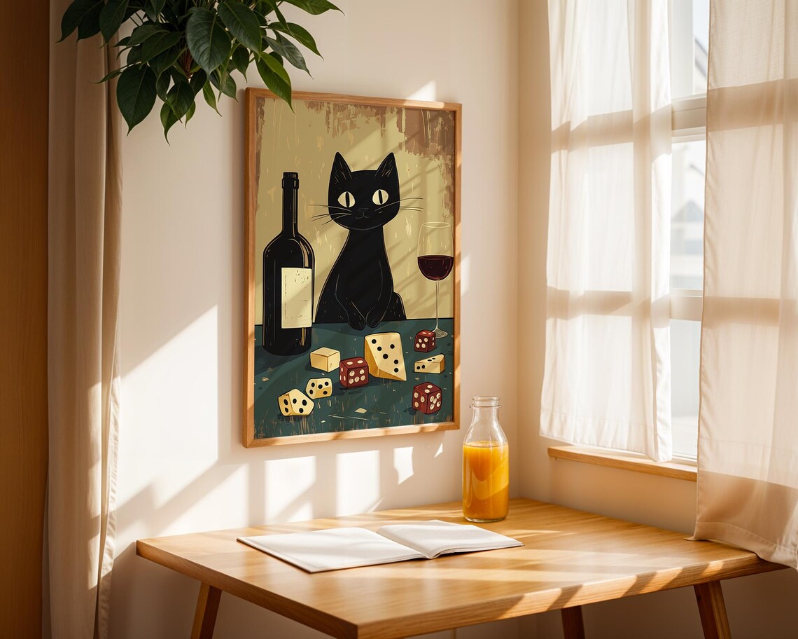 Black Cat Wine Cheese Dice Retro French Bistro Cartoon Poster - Image 3