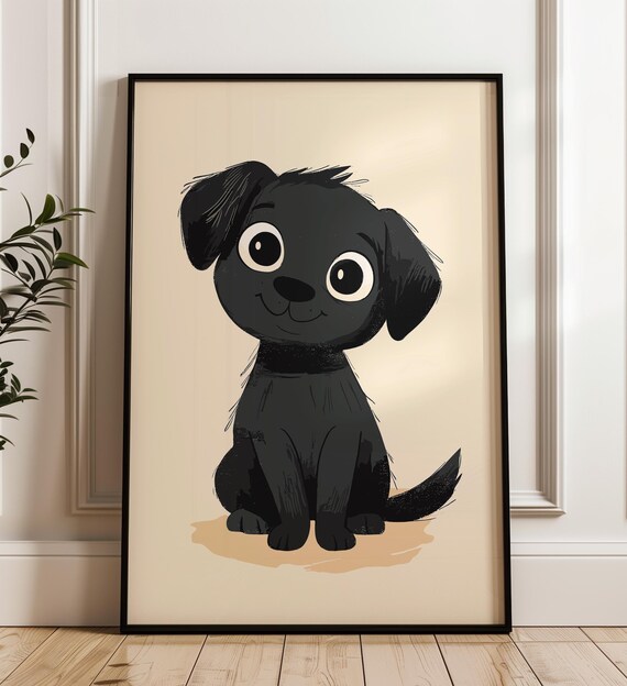 Cute Black Puppy Cartoon With Big Eyes Nursery Kids Wall Art