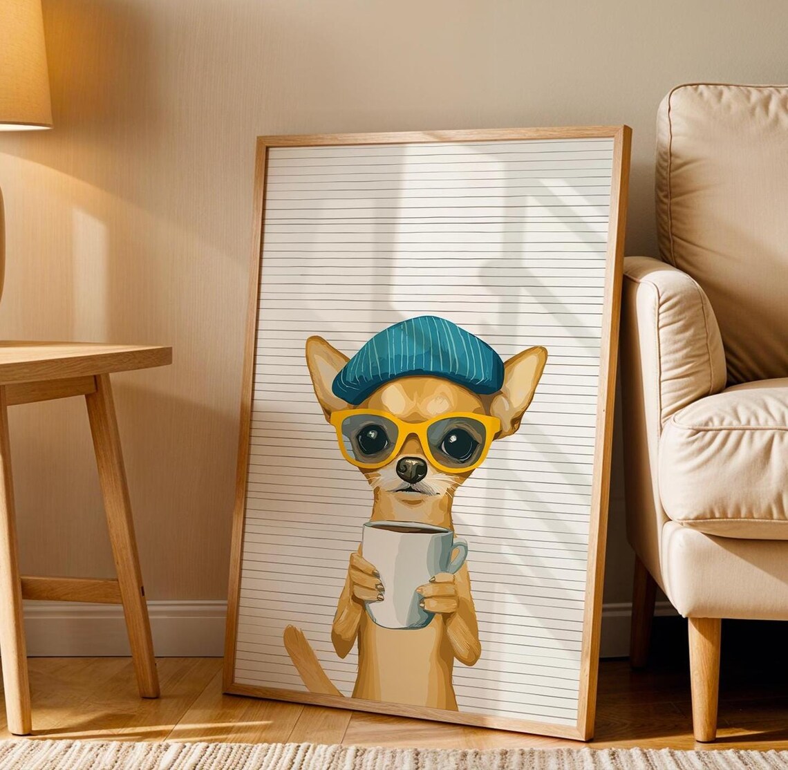 Chihuahua in Teal Beanie and Yellow Glasses Holding Coffee Poster - Image 3