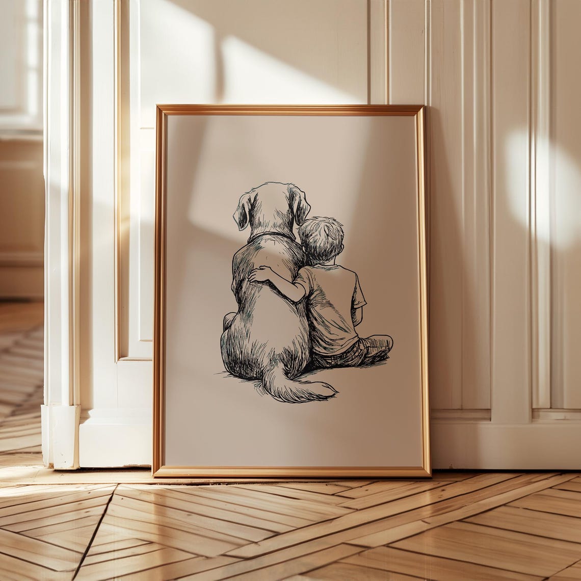 Boy and Big Dog Sitting Side by Side Heartwarming Ink Sketch Poster - Image 3