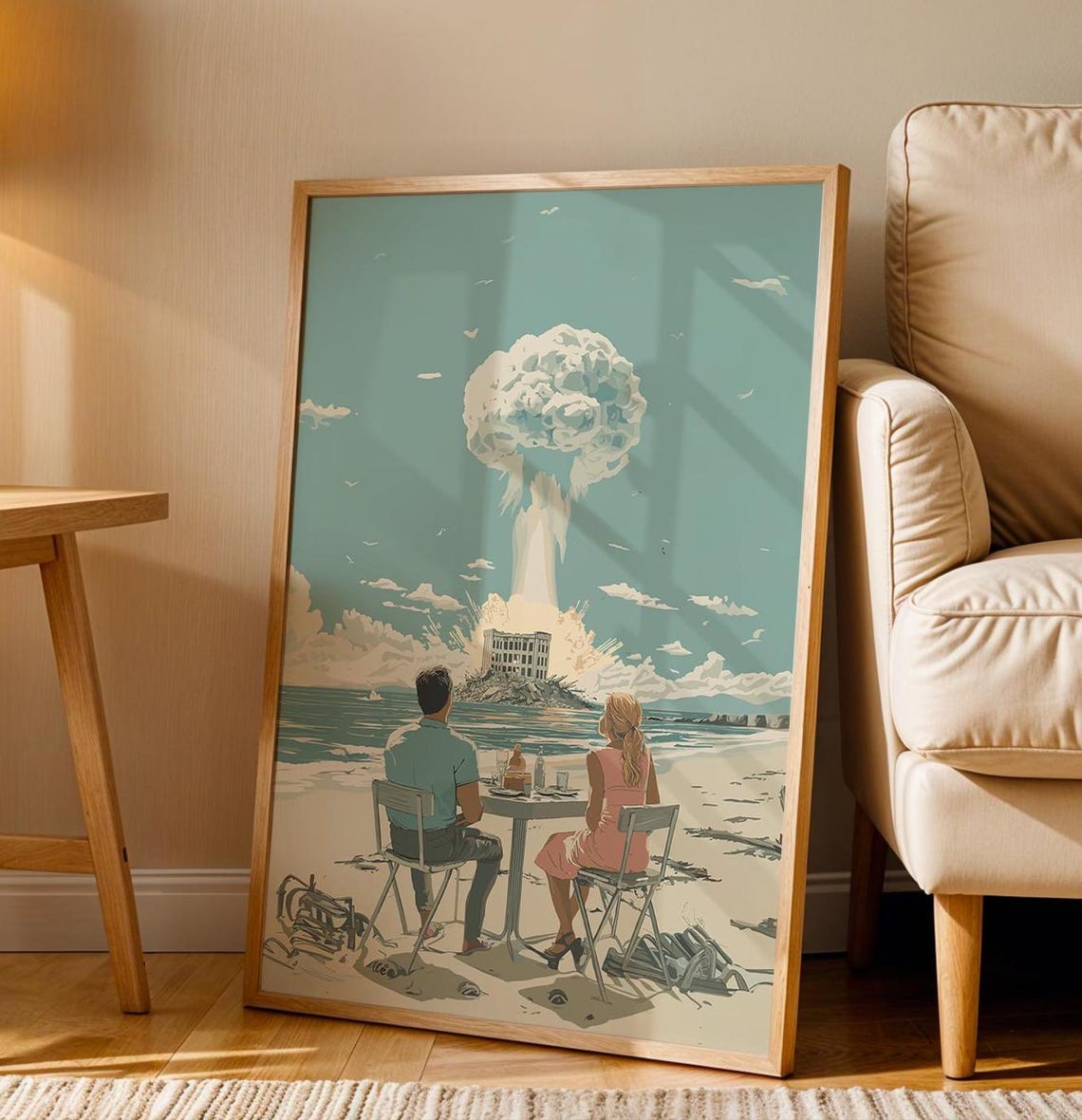 Retro Beach Dinner Under a Mushroom Cloud Surreal Art Poster - Image 3
