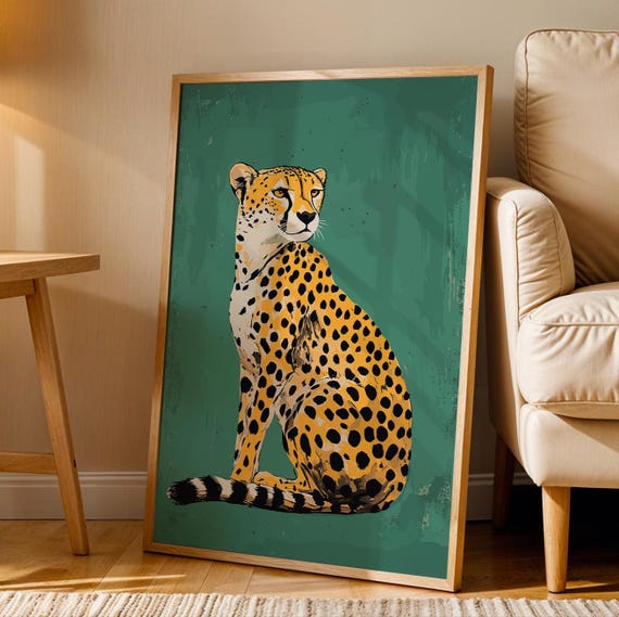 Wild Cheetah Wall Art Trendy Poster Leopard Print Decor Retro Vintage Drawing Animal
