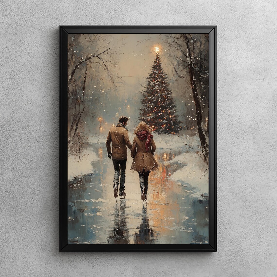Couple Skating Christmas Tree, Vintage Art Poster