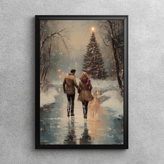 Couple Skating Christmas Tree, Vintage Art Poster