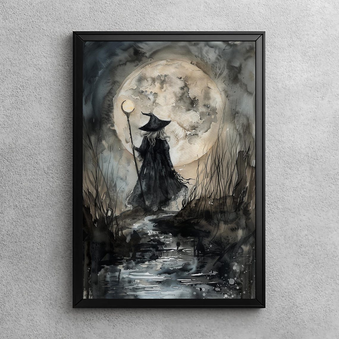 Witch With Glowing Staff By Moonlit Water Full Moon Art Poster