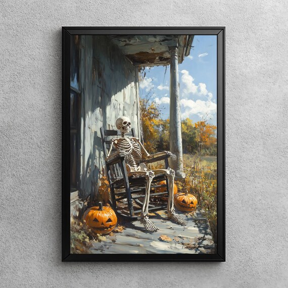 Skeleton Rests In Autumn Halloween Art Gothic Print Home Decor Artwork