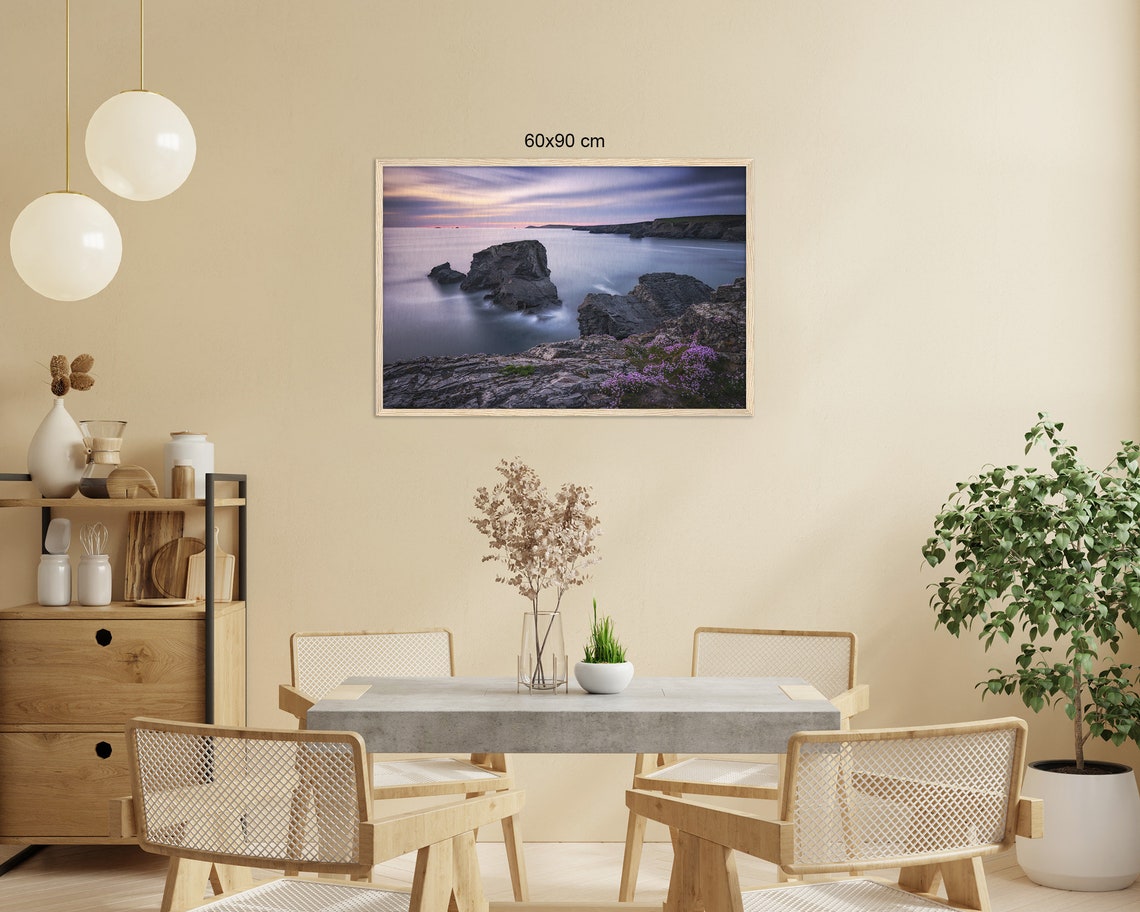 Dramatic Rocky Sea Coast At Dusk With Blooming Wildflowers Poster - Image 2