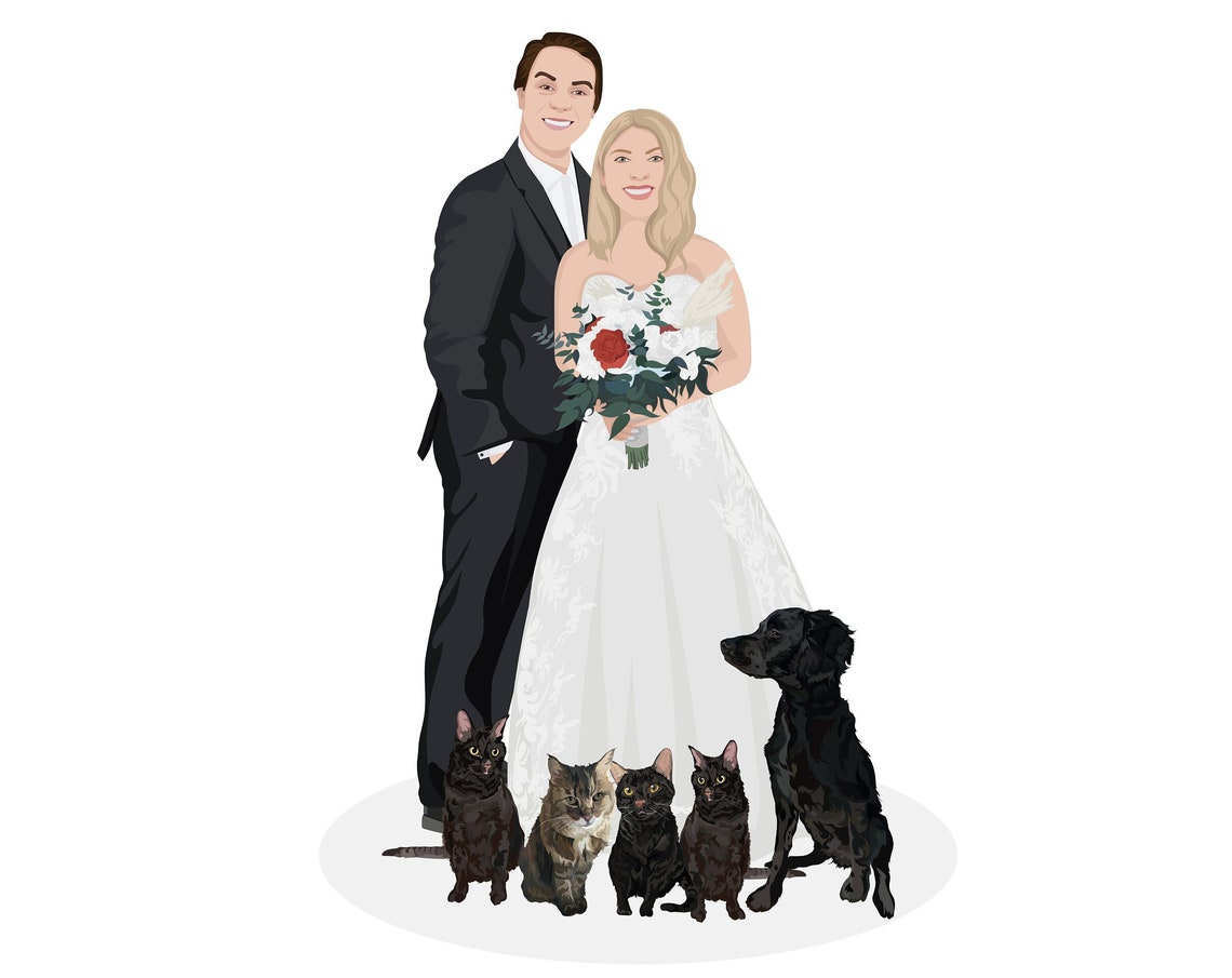 Personalized Wedding Couple Portrait With Five Pets Art Poster