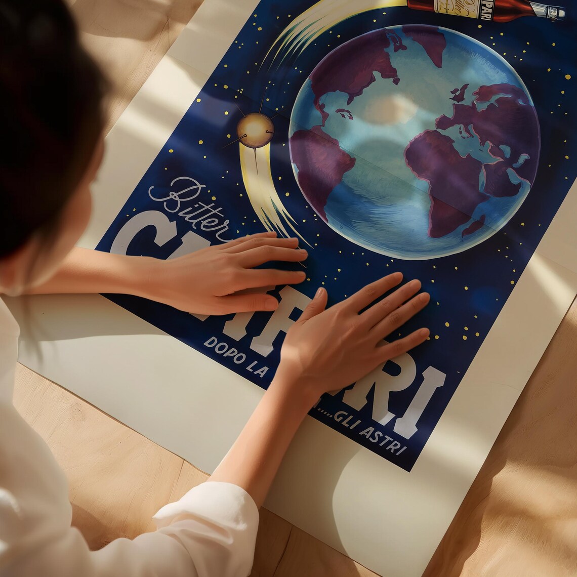 Bitter Campari Italian Advertising Retro Bottle Orbiting Earth Poster - Image 3