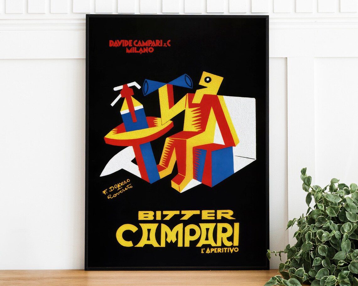 Bitter Campari Black Background Yellow Cubist Figure Vintage Poster